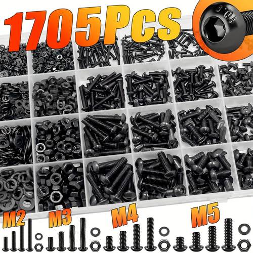 1705pcs machine screw assortment 2 m4 m5 metric bolts and nuts kit with lock and flat washers head 10 9 alloy screw set