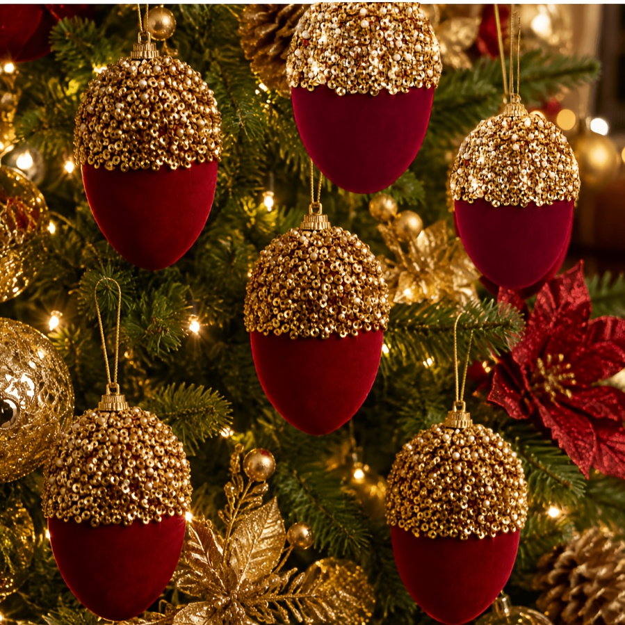 TEMU 6pcs 3.54-inch Christmas Decorative Balls, Spherical Ornaments, Burgundy Red Golden Sequined Velvet Hanging Decorations, Christmas Tree
