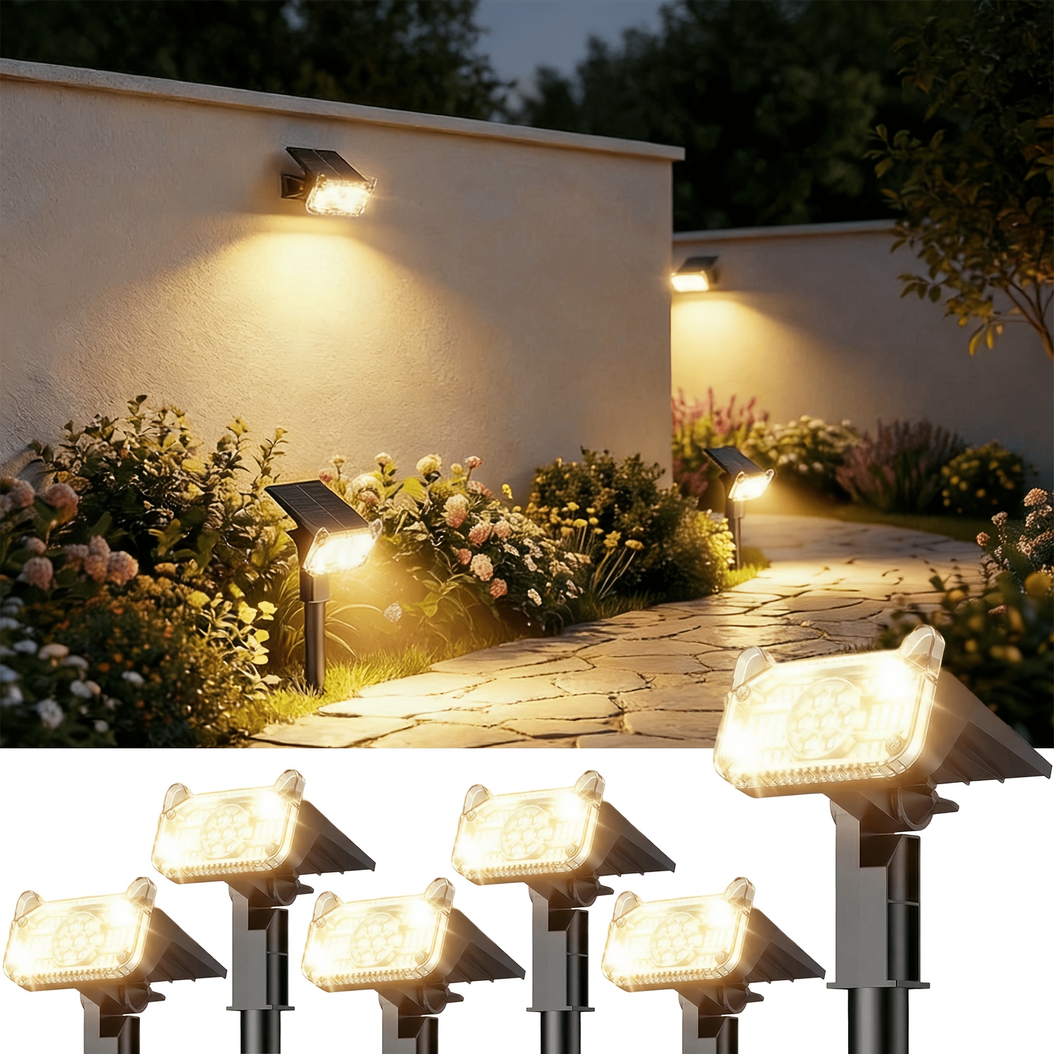 TEMU Lot de 6/4/2 lampes solaires LED d'extérieur, 68 LED solaires de jardin IPX6, 2 de luminosité, éclairage paysager à mise /arrêt automatique,