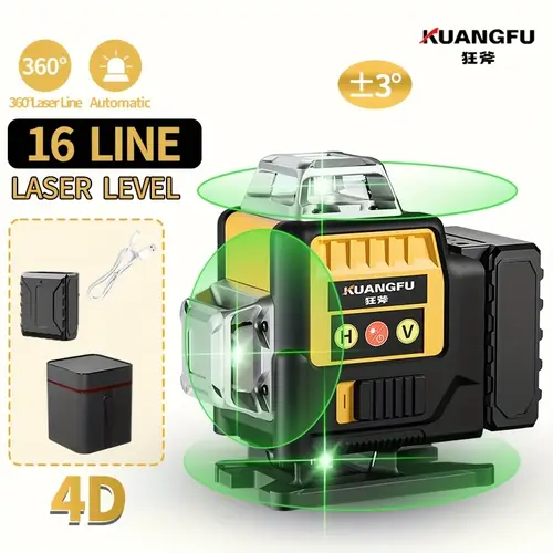 kuangfu professional 4d cross laser level kit essential for construction tools with 16 lines 360 degree self leveling green beam light usb charging durable cloth
