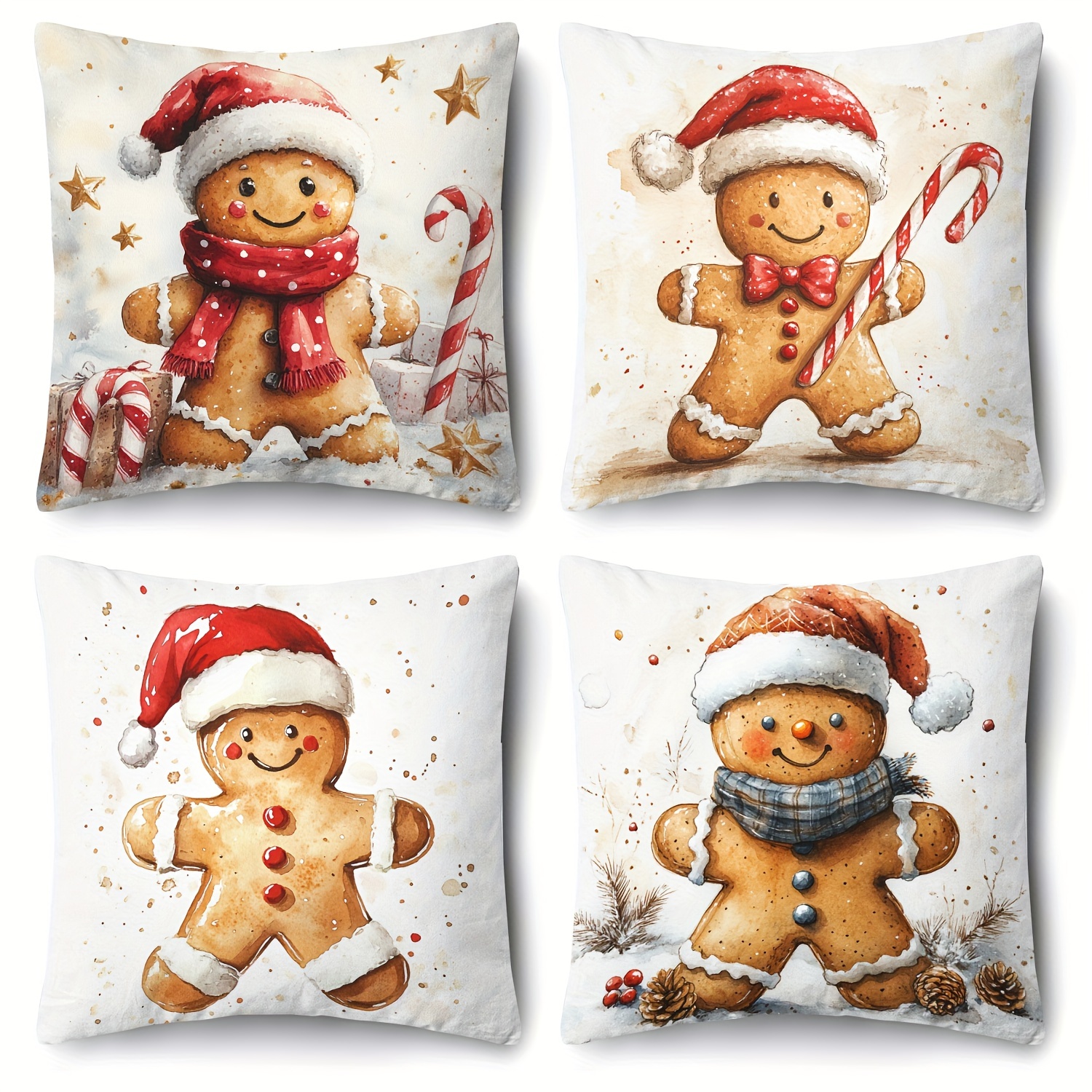 

4pcs Christmas Throw Pillow Covers Set - 18x18 Inch Cartoon Gingerbread For Man Design, Zippered Polyester Cushion Cases For Sofa & Outdoor Decor, Machine Washable - Insert Not Included