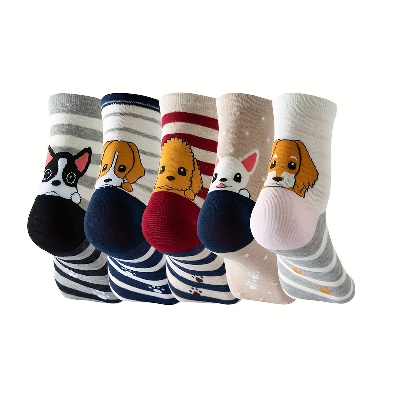 

5 Paires/10 Paires de Chaussettes pour Femmes, Style Collège, Mignonnes à Rayures avec Talon en Dimensions, Mode Cartoon Chien, Antibactériennes et Absorbantes de Sueur, Quotidiennes et Décontractées