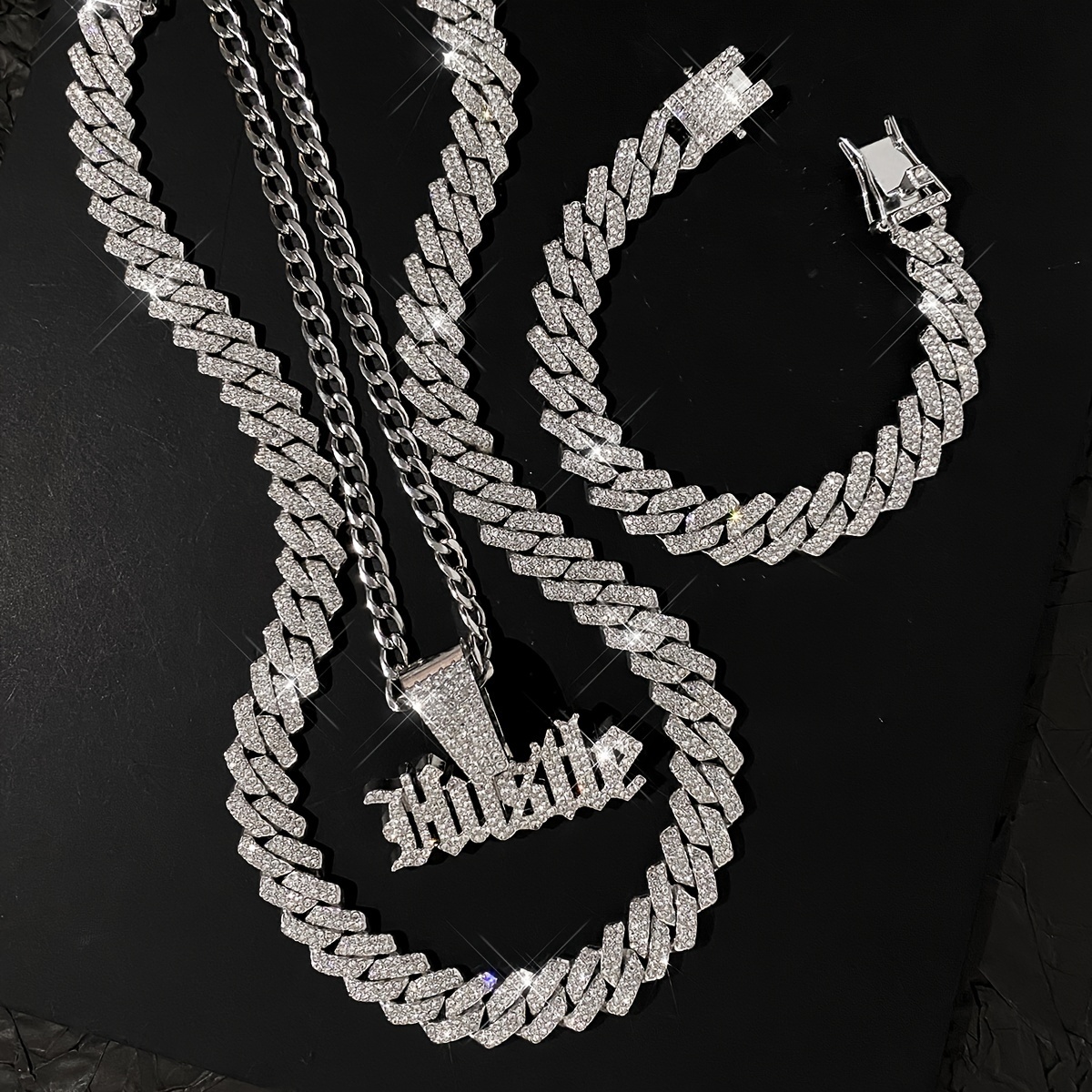 

4pcs Hip Hop Jewelry Set, Synthetic Stone Cuban Link Chain With Pendant, Zinc Alloy Twist Necklace And Bracelet, Unisex Fashion Accessory For And Valentine's Day Gift