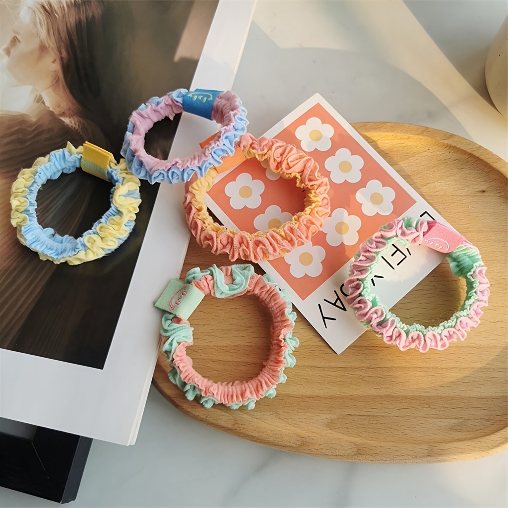 TEMU 5pcs Sweet Candy-colored Pleated Hair Ties With Lace Detail - Elastic Rubber Bands For Stylish , Perfect Valentine's Day Gift