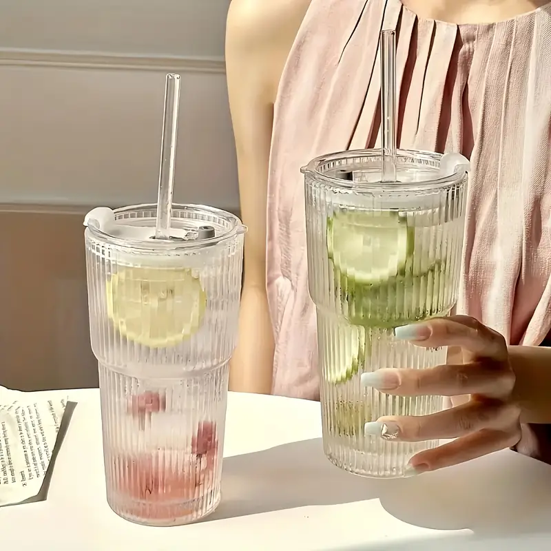 2pcs ribbed glass cups with lids straws 20oz reusable cleaning brushes for iced coffee juice smoothies non slip dishwasher safe home office parties party supplies ribbed texture cup durable glass cup Product details 5