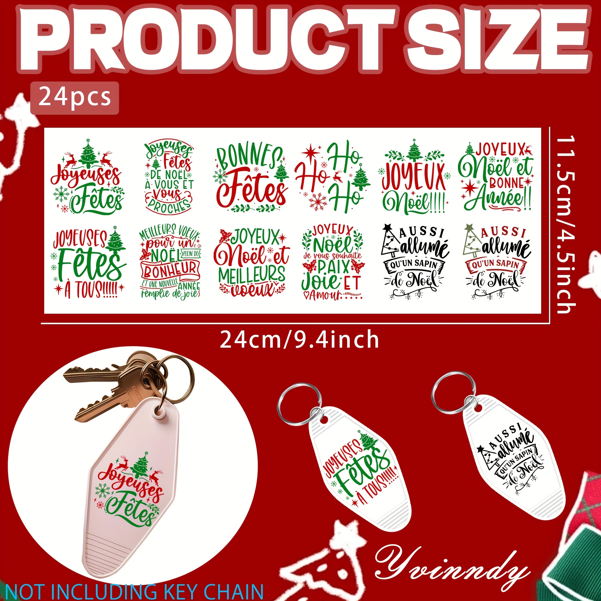 TEMU 24 feuilles de papier transfert pour porte-clés de Noël en français et anglais - UV DTF imperméable DIY avec phrases , bilingue pour créations