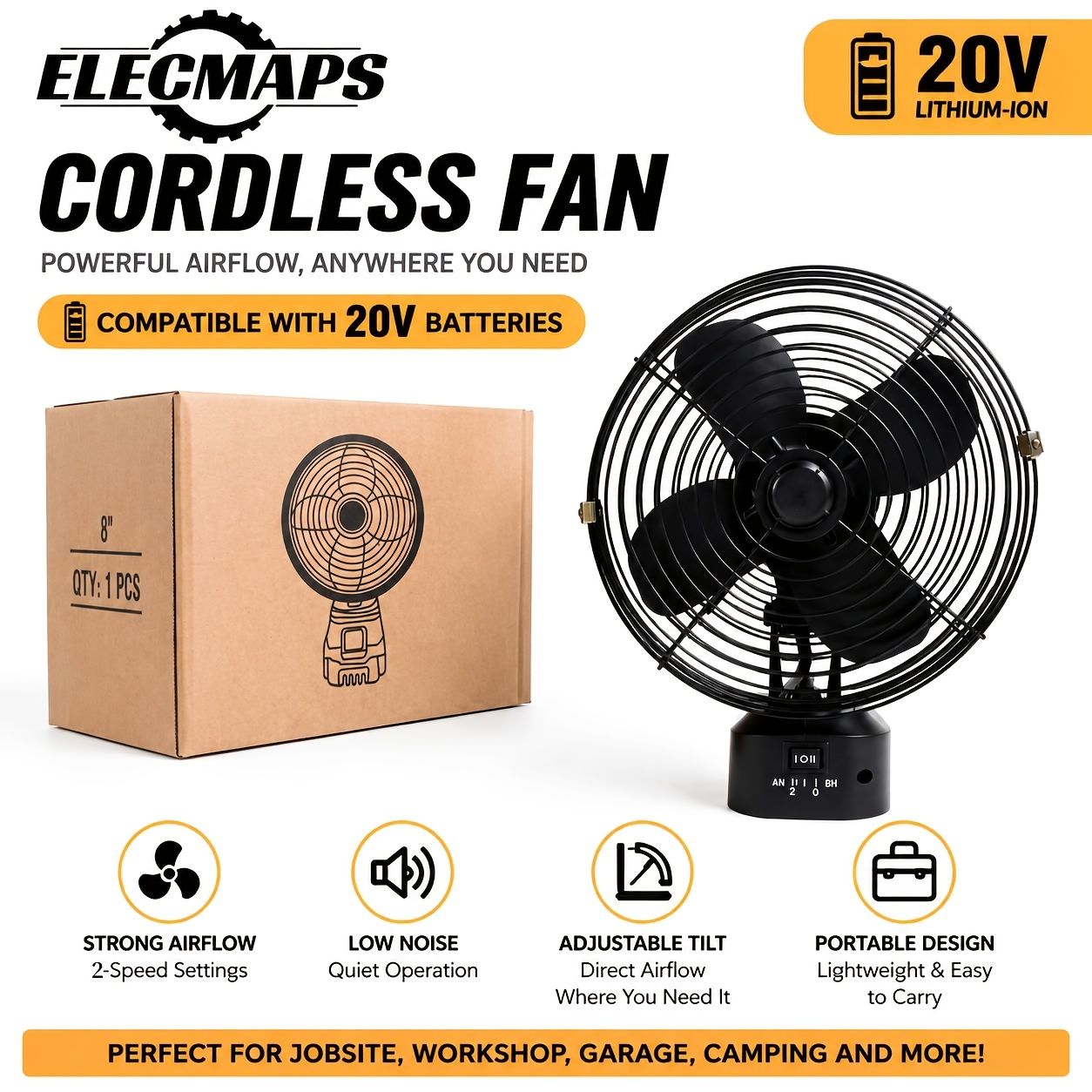 TEMU Portable Fan Is With An Optional Battery Pack. It Features A Powerful, Adjustable Fan Speed And Is Compatible With 20v Batteries. Suitable For