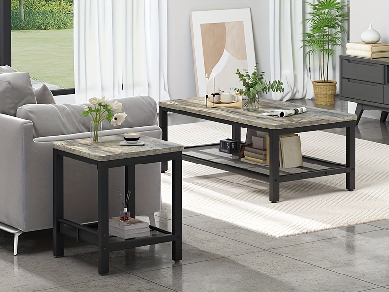 Living Room Table Set, 3pcs Modern Coffee Table with MDF Broad Tea Table & 2 End Side Tables, Space-Saving Coffee Table Set with Metal Frame for Living Room, Small Space, Apartment, Bed Room