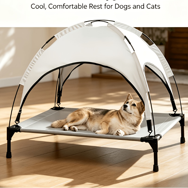 TEMU Lit d'extérieur pour animaux de compagnie, lit de camping surélevé pour animaux de compagnie avec auvent de protection solaire amovible, lit