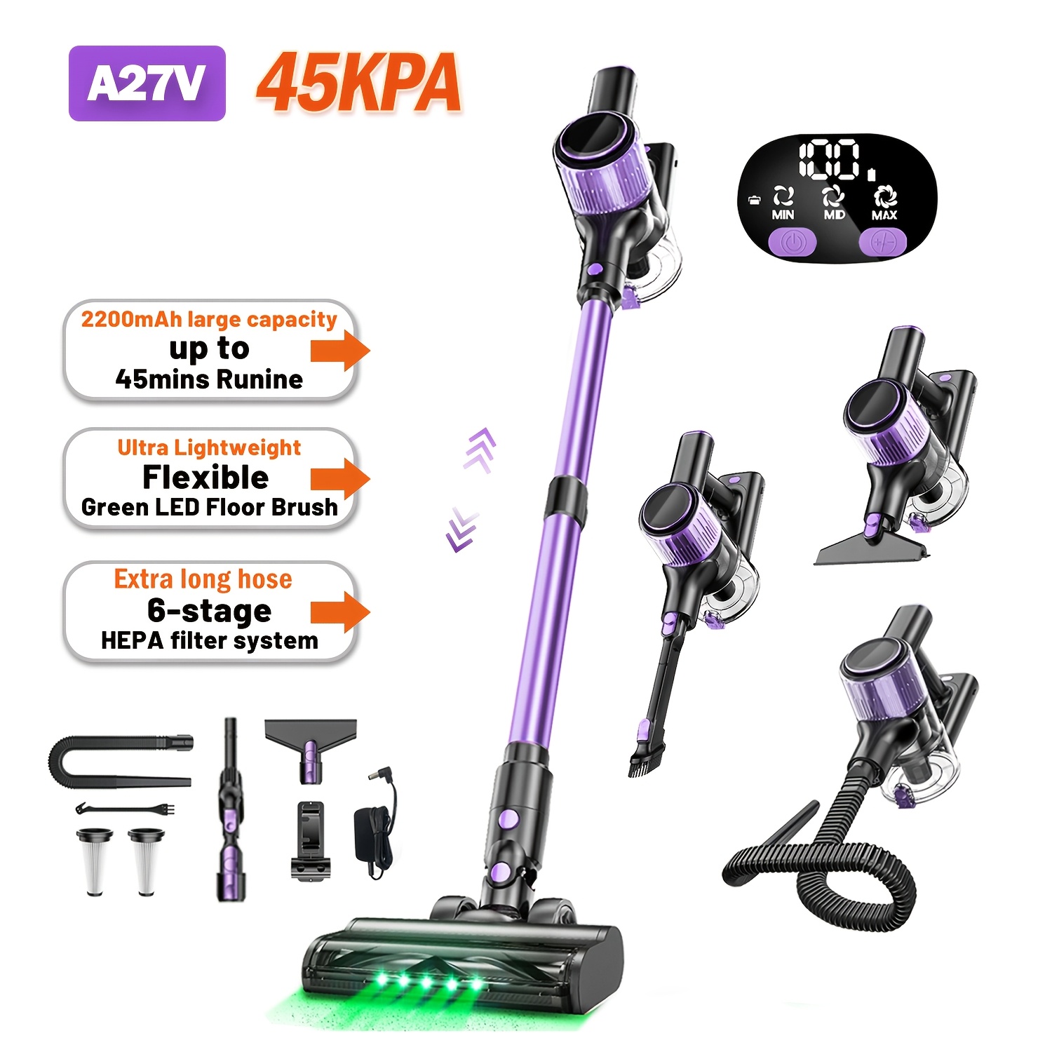TEMU 45kpa/45mins Powerful Cordless Vacuum Cleaners, 10-in-1 Vacuum Cleaners For Home, Upgraded Green Light & Anti- Floorbrush, Lightweight Powerful