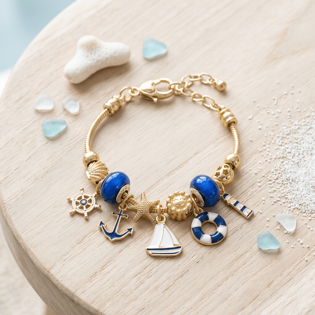 Nautical Blue Sailboat Lighthouse Anchor Bead Pendant Bracelet