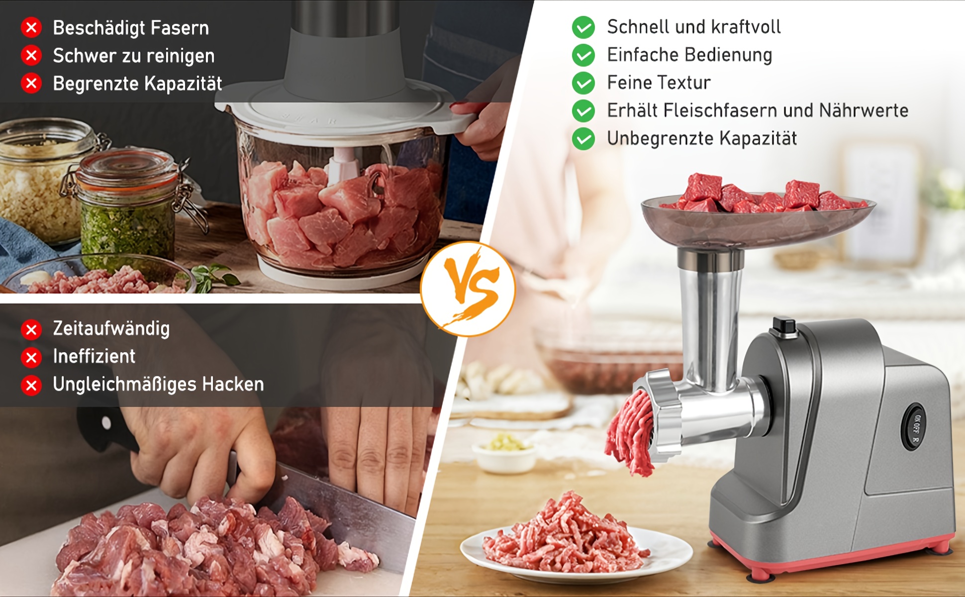 Mașină electrică de tocat carne 3-în-1, tocător de carne cu accesorii pentru cârnați și chiftele - Motor de 350W din cupru pur 100%, 3 plăci din oțel inoxidabil (4/6/15mm), asamblare cu un singur buton, comutator de inversare, bază antiderapantă pentru bucătăria de acasă și cadou de Crăciun