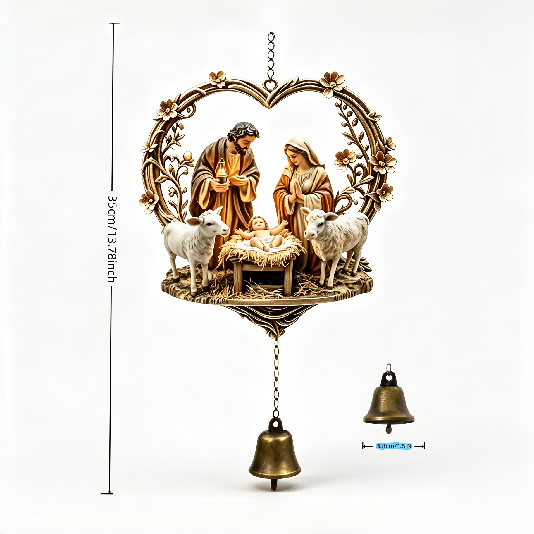 TEMU Vintage Bronze Bell Ornament With Single Piece Handcrafted Hanging Wind Chime, Featuring A Carved Heart-shaped Border, Nativity Scene With The
