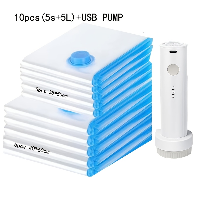 TEMU Bolsa Organizadora de Equipaje, Almacenamiento al Vacío 10 piezas (5 piezas 35X50Cm, 5 piezas 40X60Cm y Bomba USB) Bolsas de Compresión de Viaje