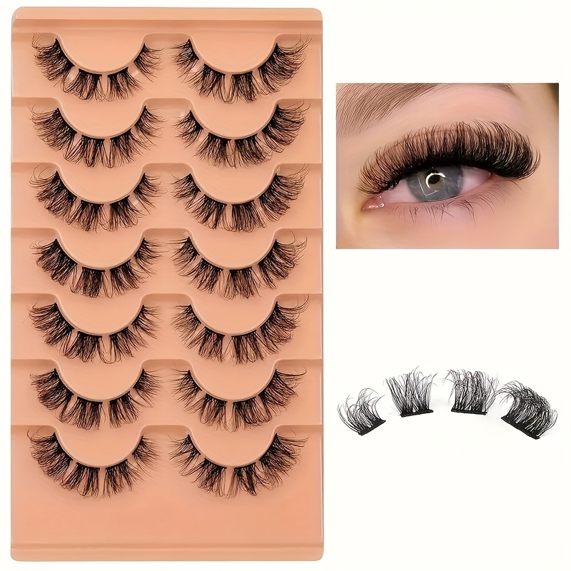 7 Pairs Of Natural Clustered Eyelashes - D Curly Eyelash Extensions With Slim Single Eyelashes - Eyelash Extensions With False Eyelashes - Multi Piece Set - Hypoallergenic