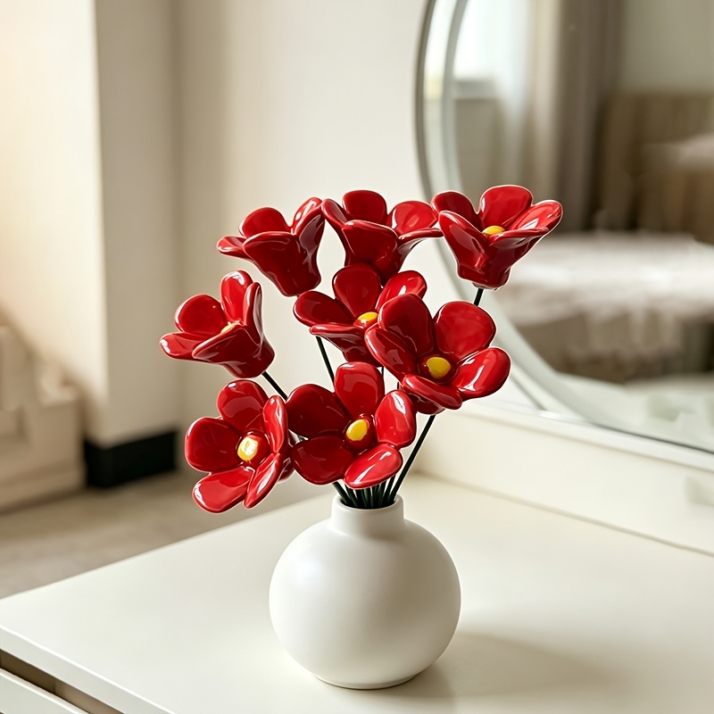TEMU 8pcs Set Of Red Hand-pinched Ceramic Flowers, A Touch Of Red Embracing Emotions, Valentine's Day Dating Gift, Red Flower To Love, Ceramic Flower