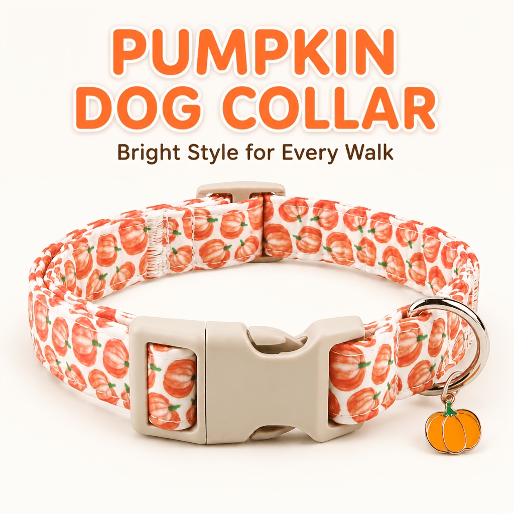 TEMU White Background Orange Pumpkin Casual Dog Collar With Pumpkin Pendant, Adjustable Skin-friendly Polyester Fabric With Coordinated Autumn Print,