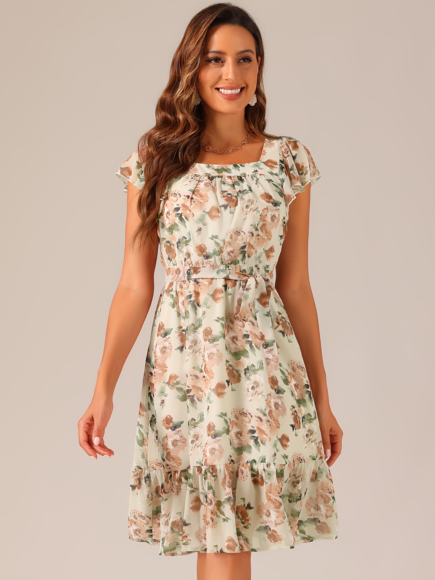 womens floral chiffon flutter sleeve belted square neck - Temu
