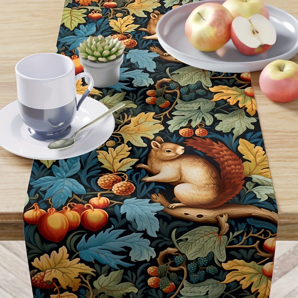 

1pc Autumn Thanksgiving Table Runner, Squirrel Pattern Polyester Table Cloth, Woven Rectangular Kitchen Table Mat For Holiday Dining, Garden Decor, Room Banquet, And Party Supplies