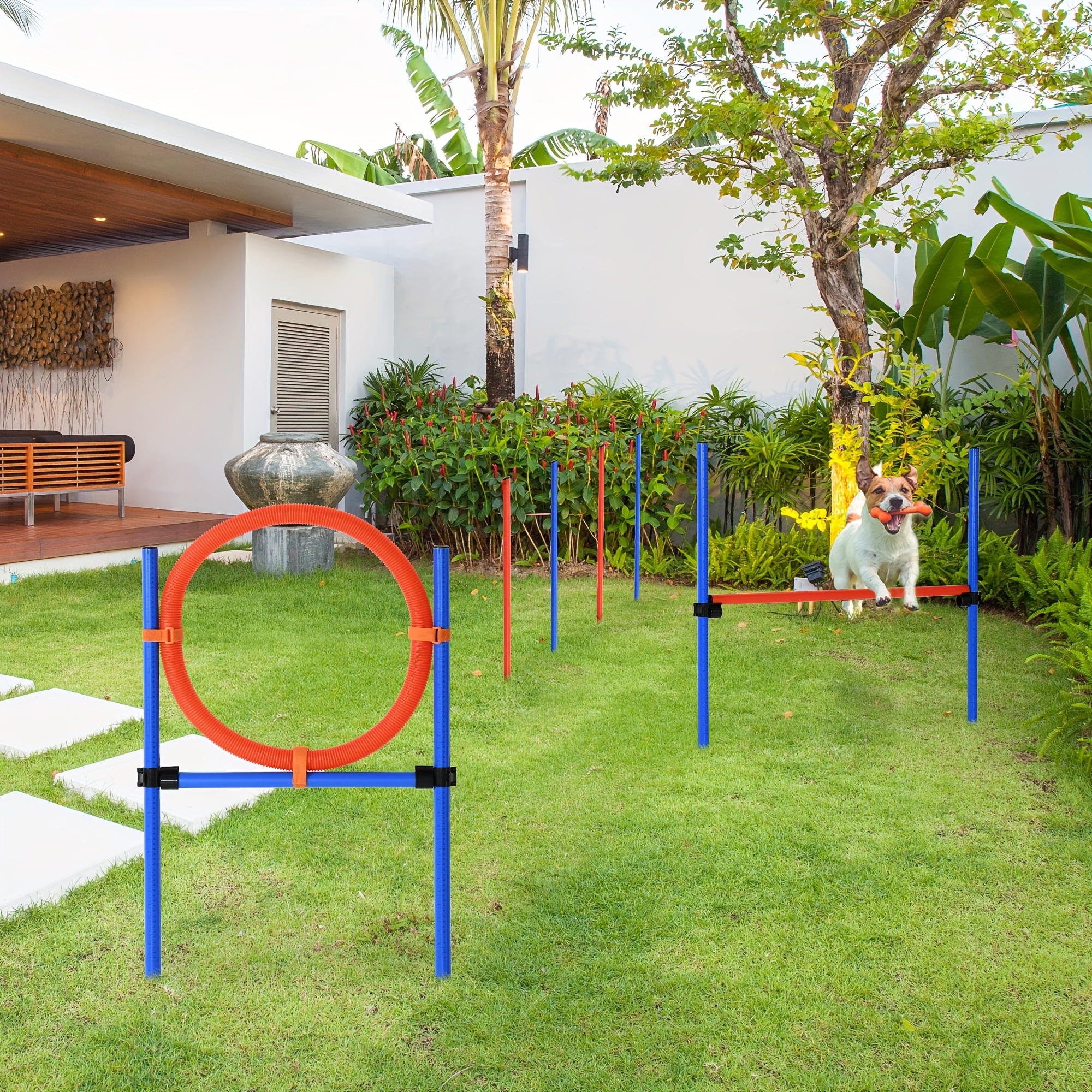 TEMU Pawhut Dog Agility Training Equipment With Easy 3pcs Set, Dog Obstacle Course For Backyards Of Small Size, Includes Dog , Weave Poles, Hoop