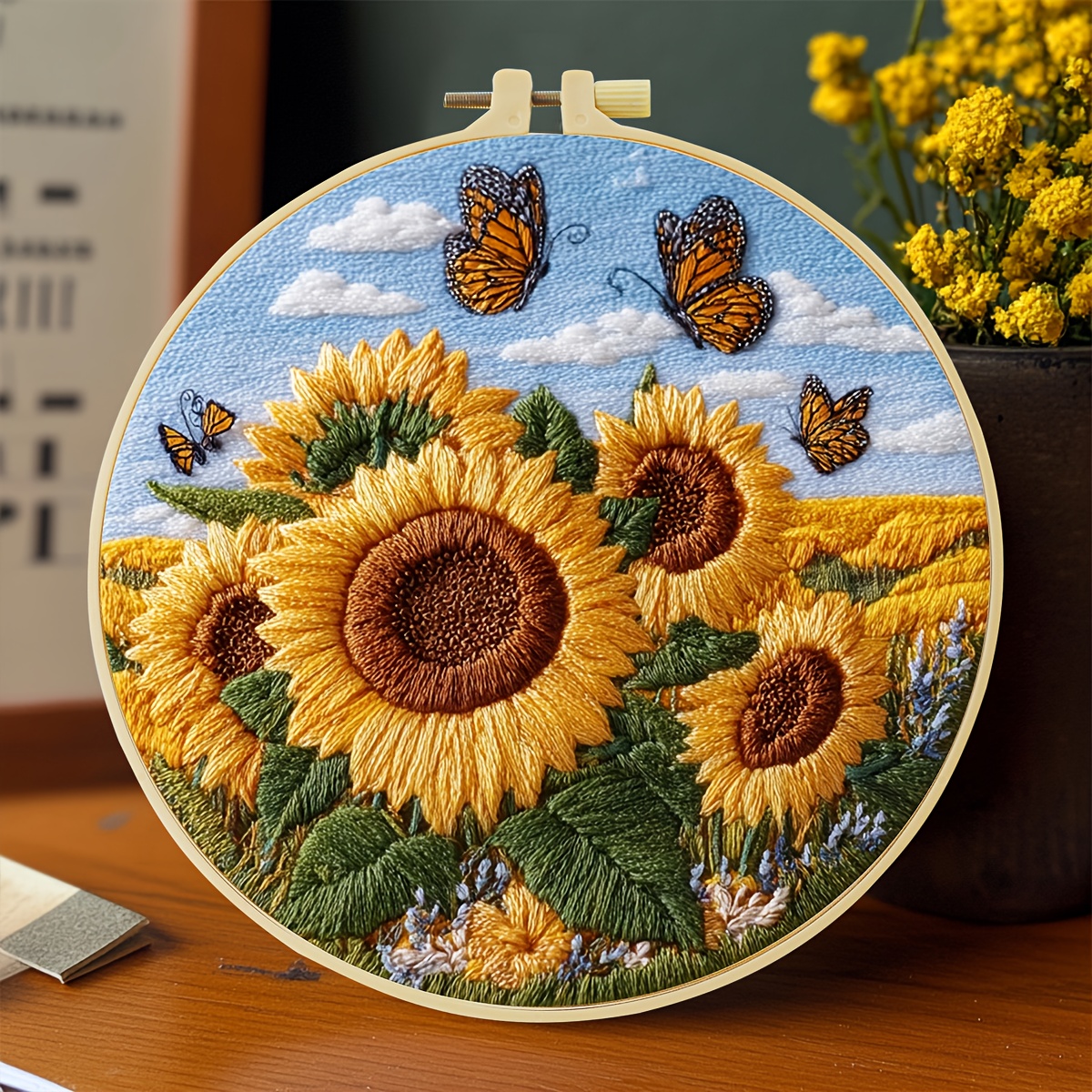 TEMU 1pc Jozysh Embroidery Kit, 20x20cm/7.9x7.9in, And Sunflower, Handmade Diy Embroidery Kit, Suitable For Adults Beginners, Includes Embroidery
