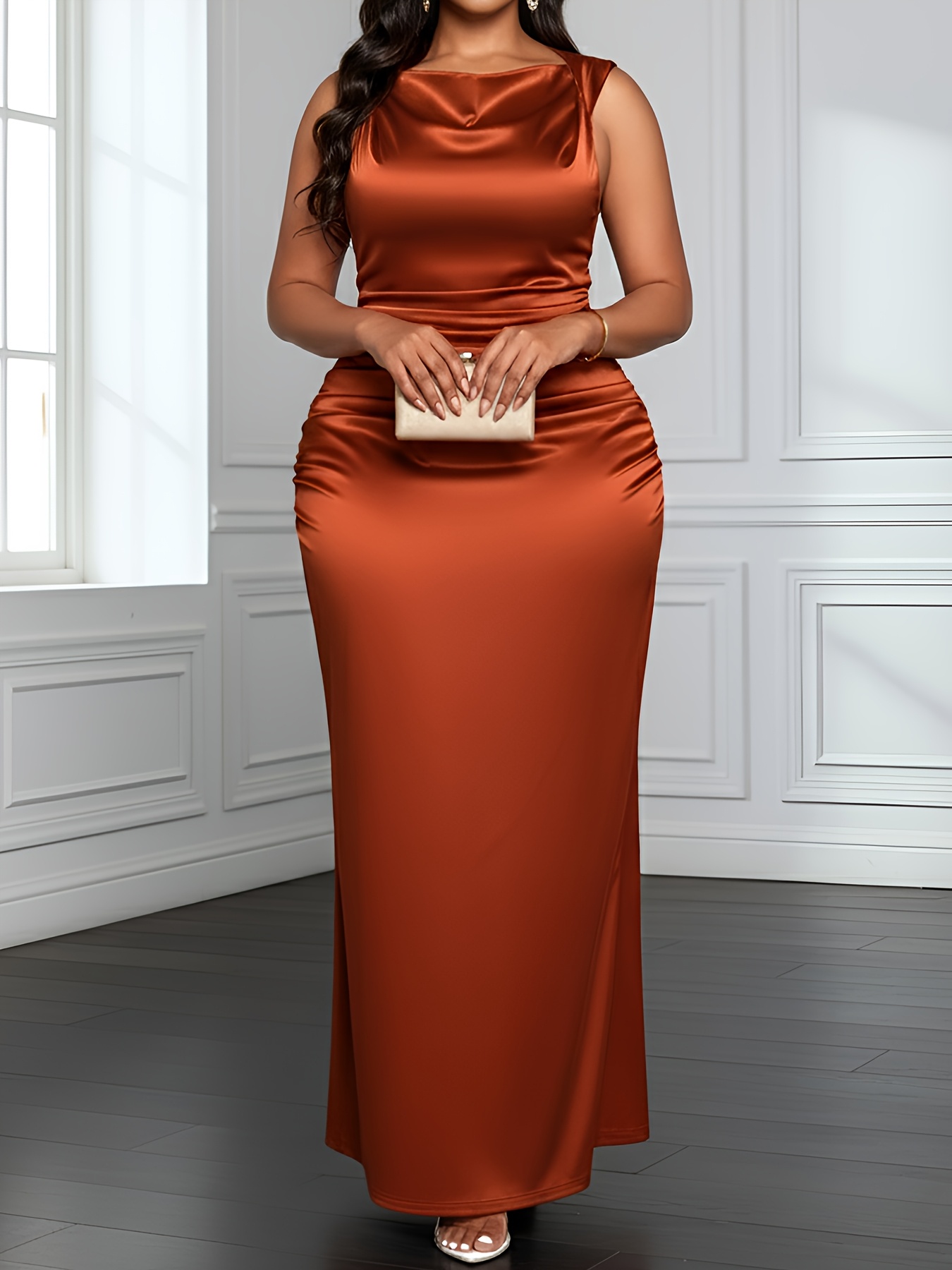 Plus Size, Spring/Summer Solid Color Satin Long Dress with Draped Collar  and Ruched Waist Design, Elegant Evening Party Gown for Women