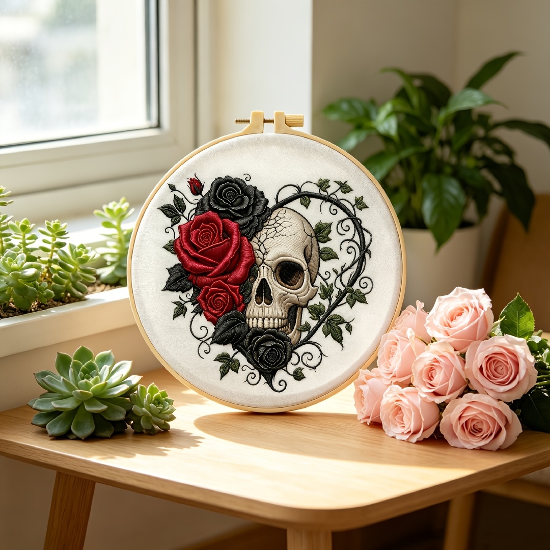 TEMU Kit de broderie pour débutants adultes, motif crâne et rose, kit de démarrage de broderie fait main. Ce kit de broderie comprend un toile de
