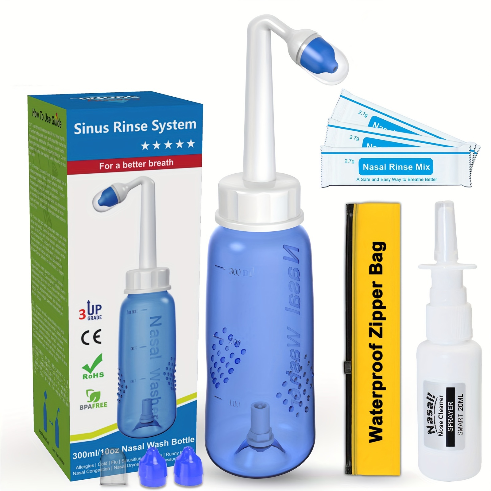 Abnaok - Botella de lavado nasal, enjuague nasal y riego nasal, dispositivo  de olla para riego nasal, perfecto para adultos y niños (10.1 fl oz azul)