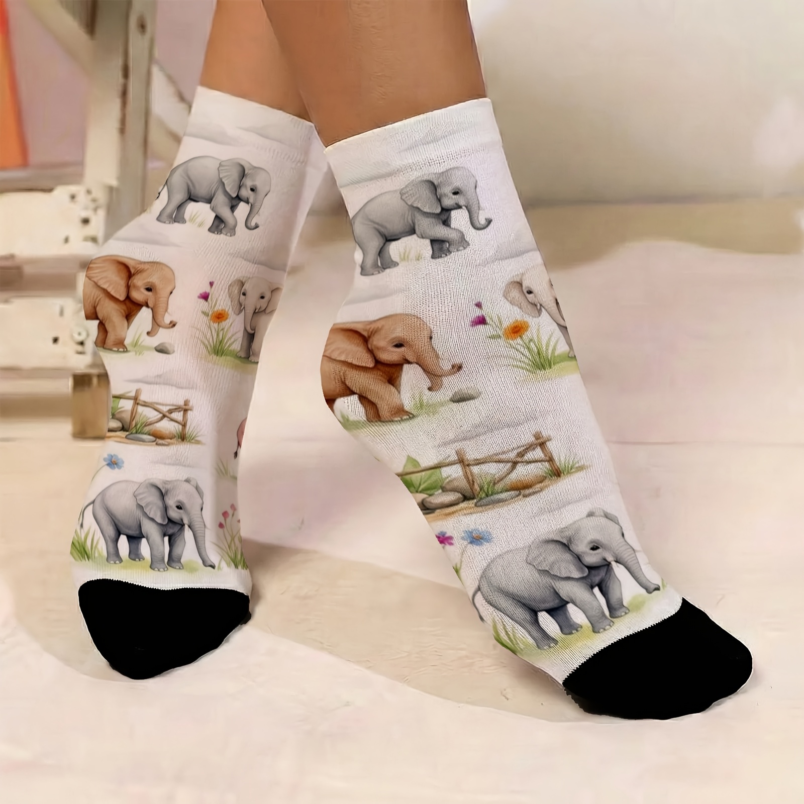 TEMU 1pair Of Women's Thin Short Socks, Cute Elephants Walking In The Flowers, Full Of Cute And Interesting Patterns, New Fashionable And Versatile,