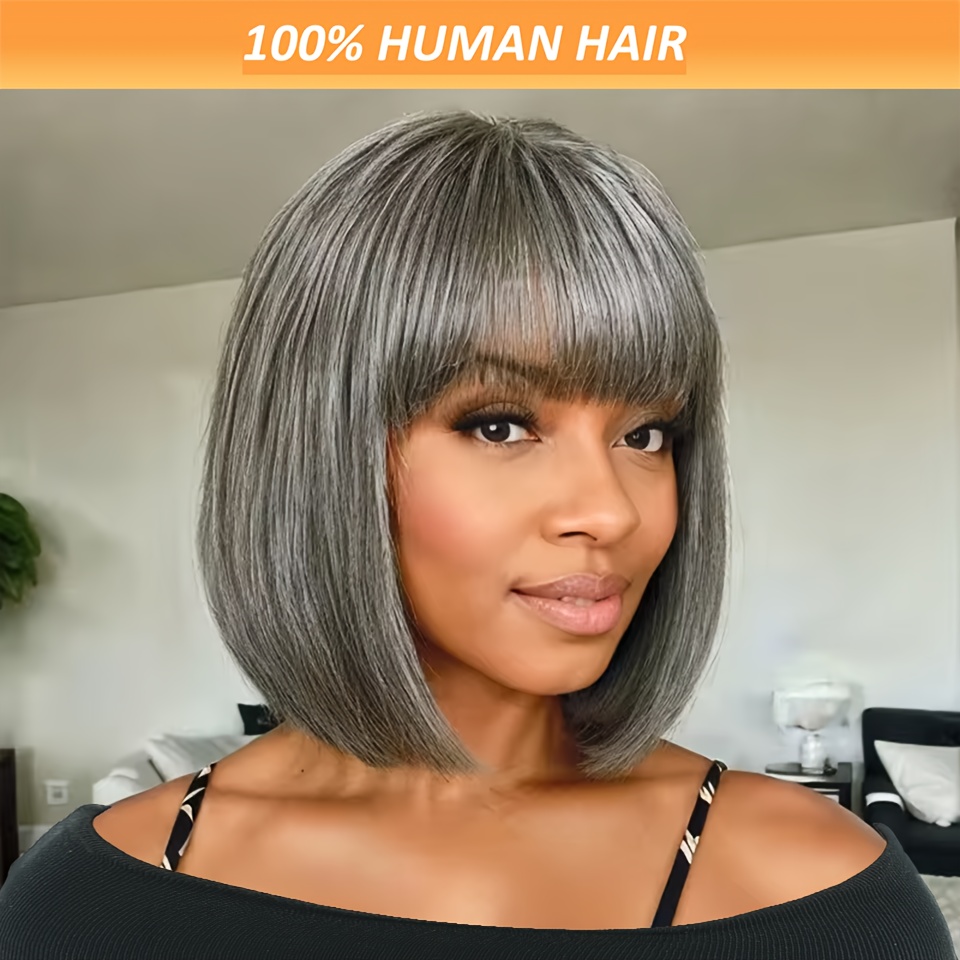 

Elegant Mixed Gray Bob Wig With Bangs For Women - 200% Density, Straight Human Hair, No Lace Cap, Hair Wig