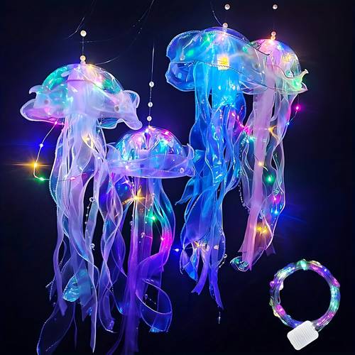 led handheld glowing sparkly jellyfish lamp with colorful ribbons pearls and laces room decor scene decoration party decor outdoor lighting home garden lanterns perfect valentines day gift for your