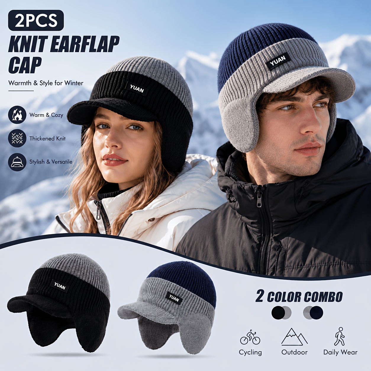 TEMU 2pcs Winter Ear Flap Beanie Hats For Men Women, Fleece Lined Thickened Knit , Warm Windproof Thermal Stocking Hat, Stylish Unisex Cold Weather