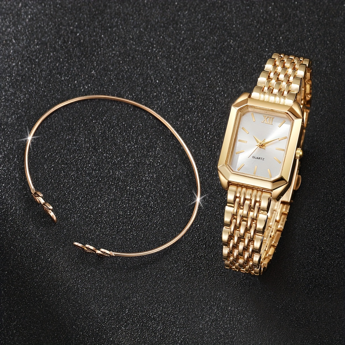 Image of 2pcs Luxury Square Women's Casual Watch Set With Alloy Strap And Leaf Bracelet, Comfortable Wear, Ideal Gift