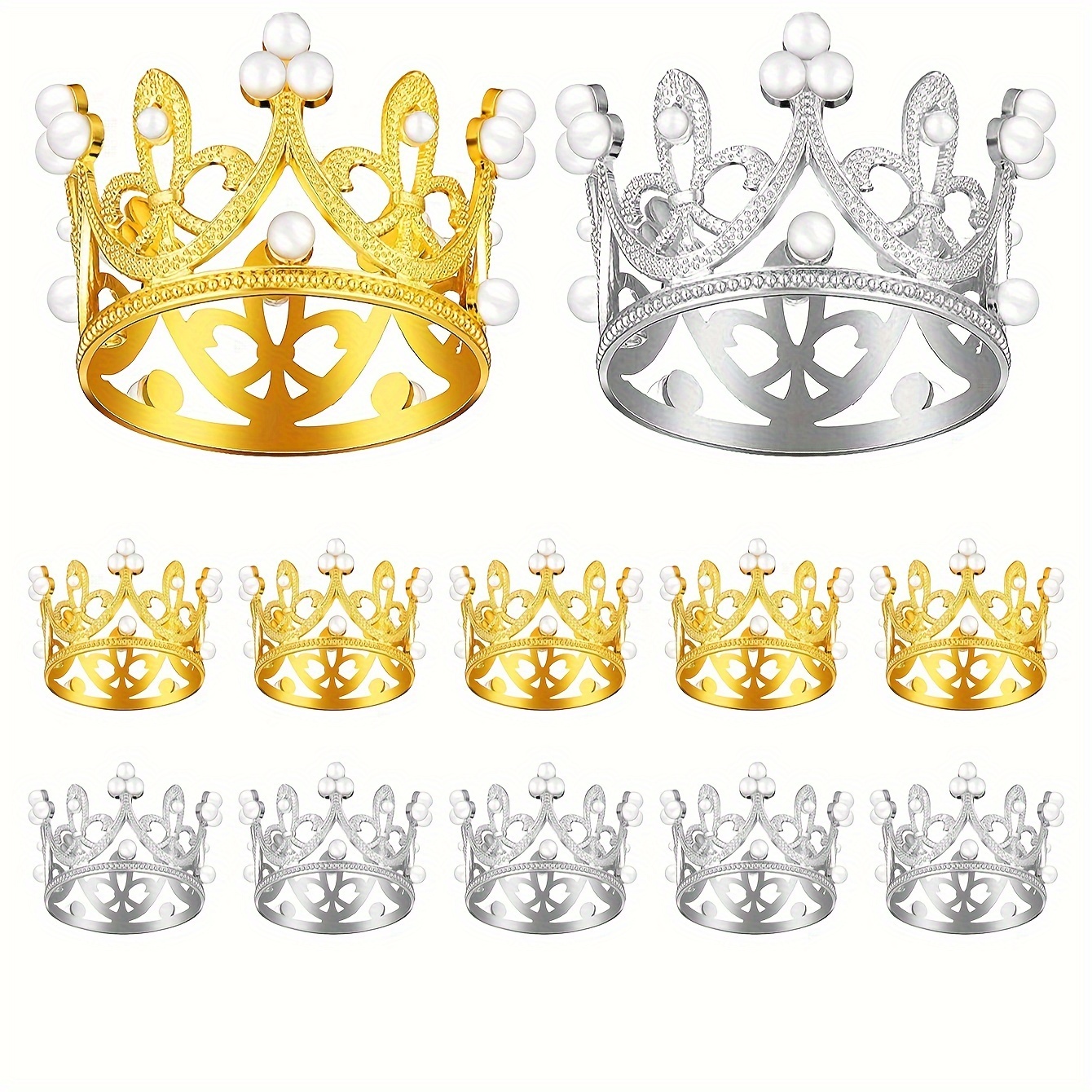

12-pack Miniature Crown Cake Toppers, Zinc Alloy Queen Princess Tiara Party Decorations For Wedding, Royal Themed Showers, And Birthday Parties - Gold And Silver Finish, Party Style Accessories