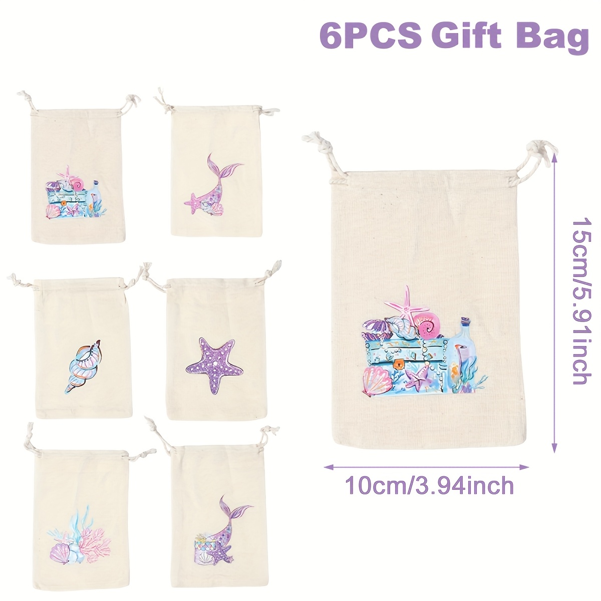 Image of 6pcs Mermaid Linen Gift Bags With Mermaid Tail, Starfish & Shell Design - Ocean Theme With Drawstring Closure For 1st Birthday, Shower, Wedding Favors, Mermaid Party Decorations (linen)