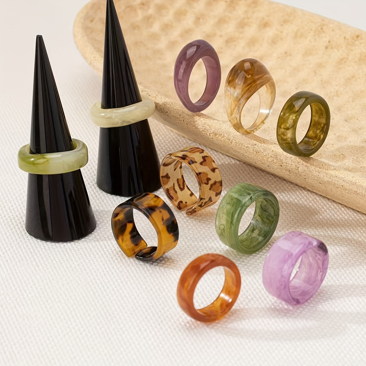 10pc Bohemian Style Fresh Pastel Resin Ring Set