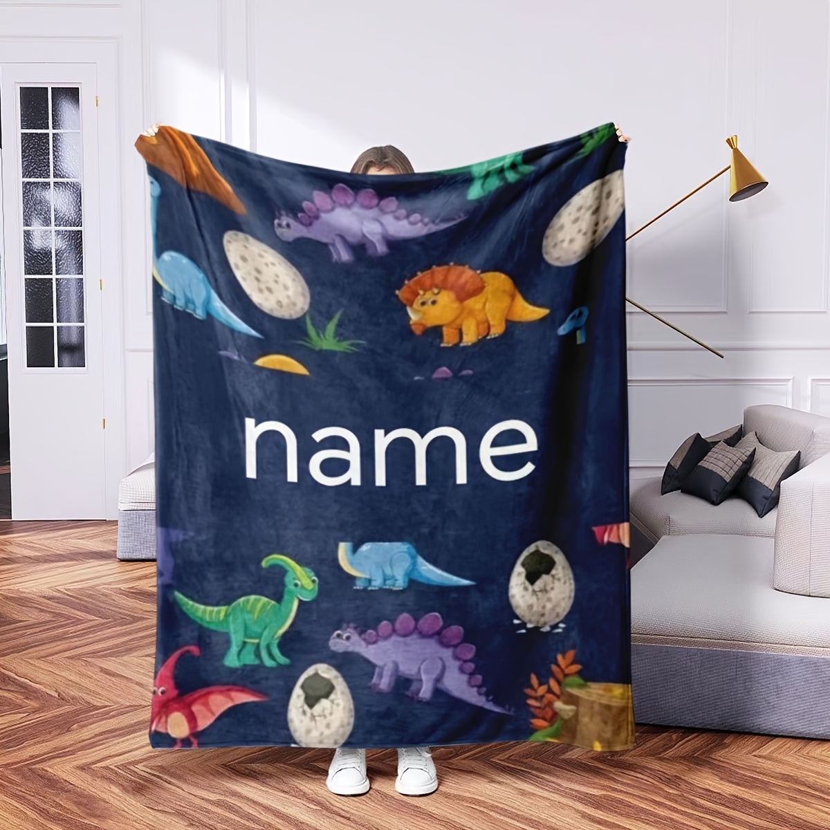 

1pc Custom Name Dinosaur Blanket, Gift For Boys Girls , Name Your 's Name, Lightweight Flannel Blanket For Couch, Bed, Travel, Camping, Living Room, Office, Sofa, Chair And Bed, Fleece Blanket