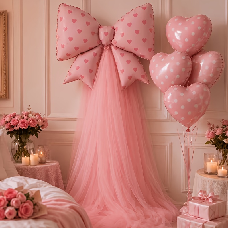 TEMU Ensemble de 7 ballons nœud rose, de ballons à pois roses et de de chiffon rose, avec adhésif, décoration de fête pour amoureux, Saint-Valentin,