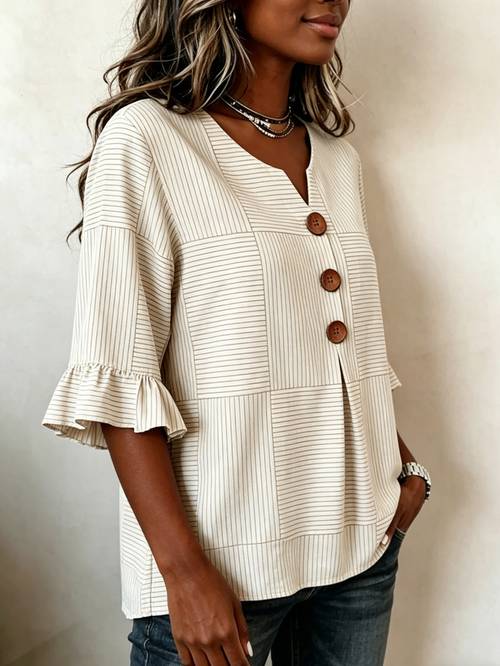 minimalist grey grid tunic v neck wooden button ruffle sleeve top