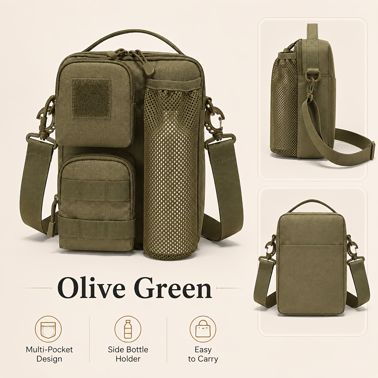 TEMU Multi-pocket Crossbody Bag With Side Bottle Holder & Detachable Strap - Adjustable Shoulder Pack, Compact Organizer Suitable For Travel,