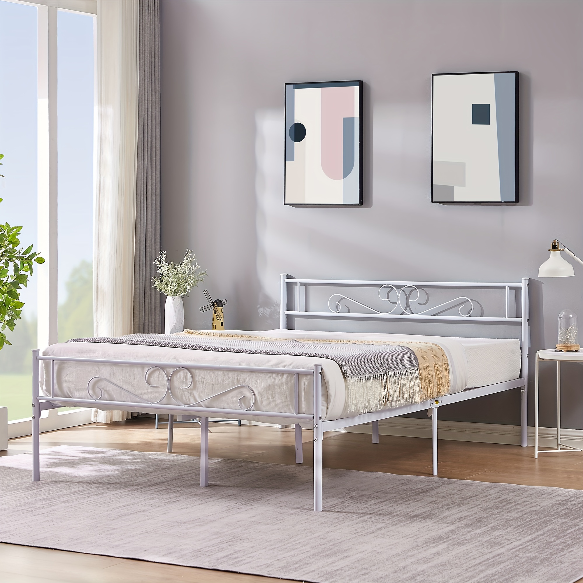 

1pc Vecelo Metal Bed Frame With Headboard & Footboard, Contemporary Style, White, With Under-bed Storage Space