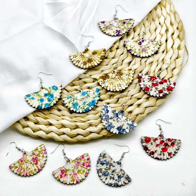 6-Pair Floral Print Acrylic Fan-Shaped Earrings Set