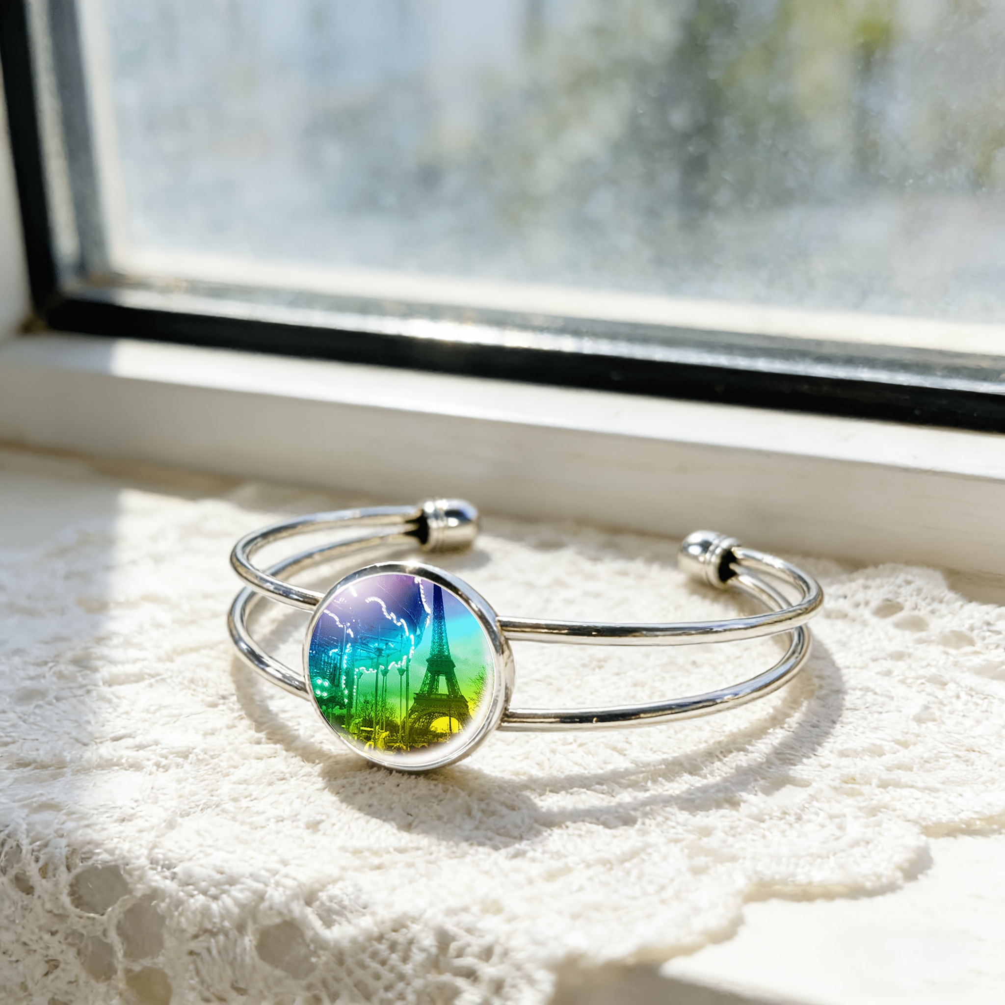 Women's Adjustable Open Bangle with Round Time Gemstone Inlay, Eiffel Tower Design