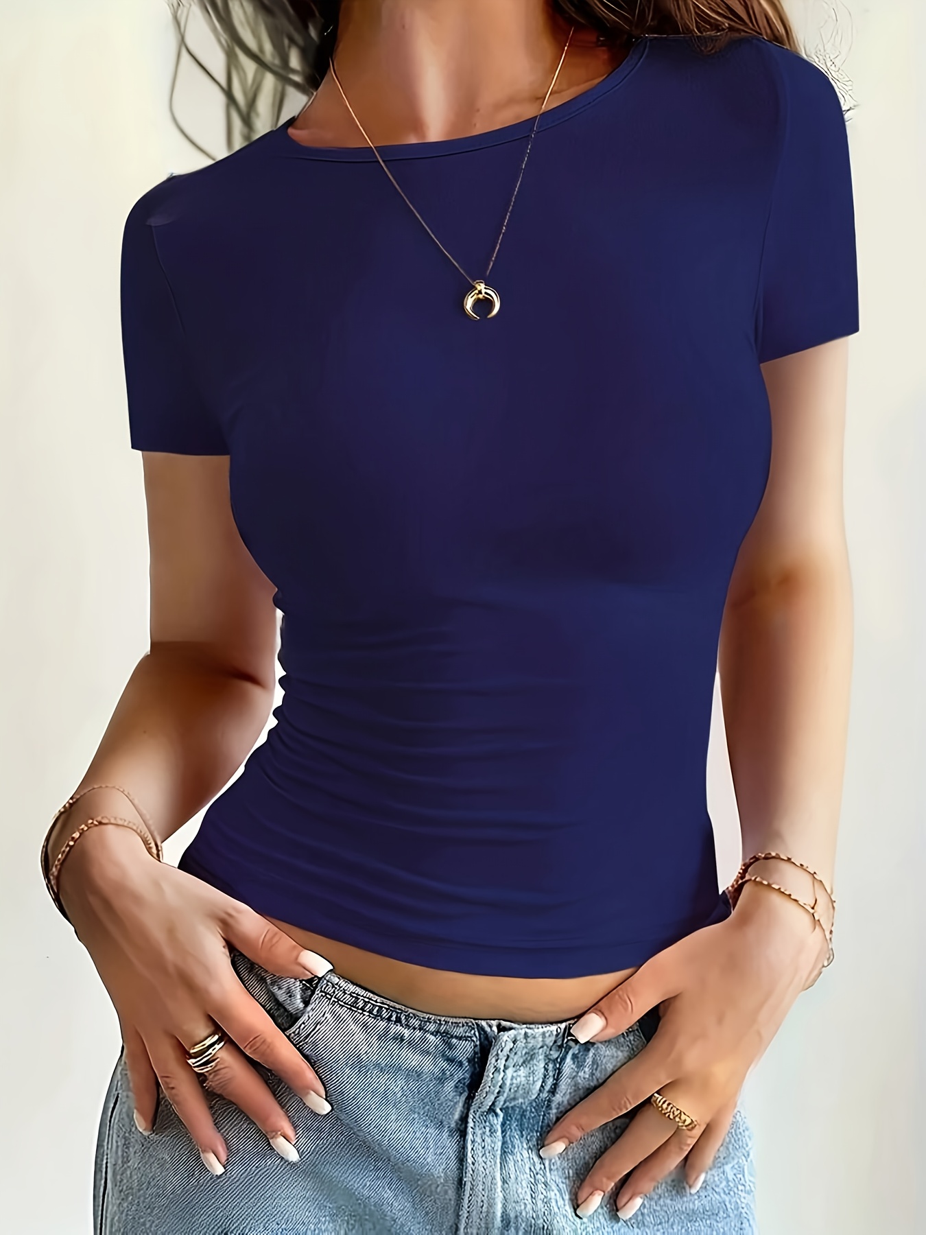 Women'S Y2K Crew Neck Short Sleeve Short Length Polyester T-Shirt, Solid Color, Slight Stretch, Knit Fabric, 180g/m?, No Belt, Pullovers Placket, No Chest Pad, Skinny Fit, for Daily Wear, Summer, School Return