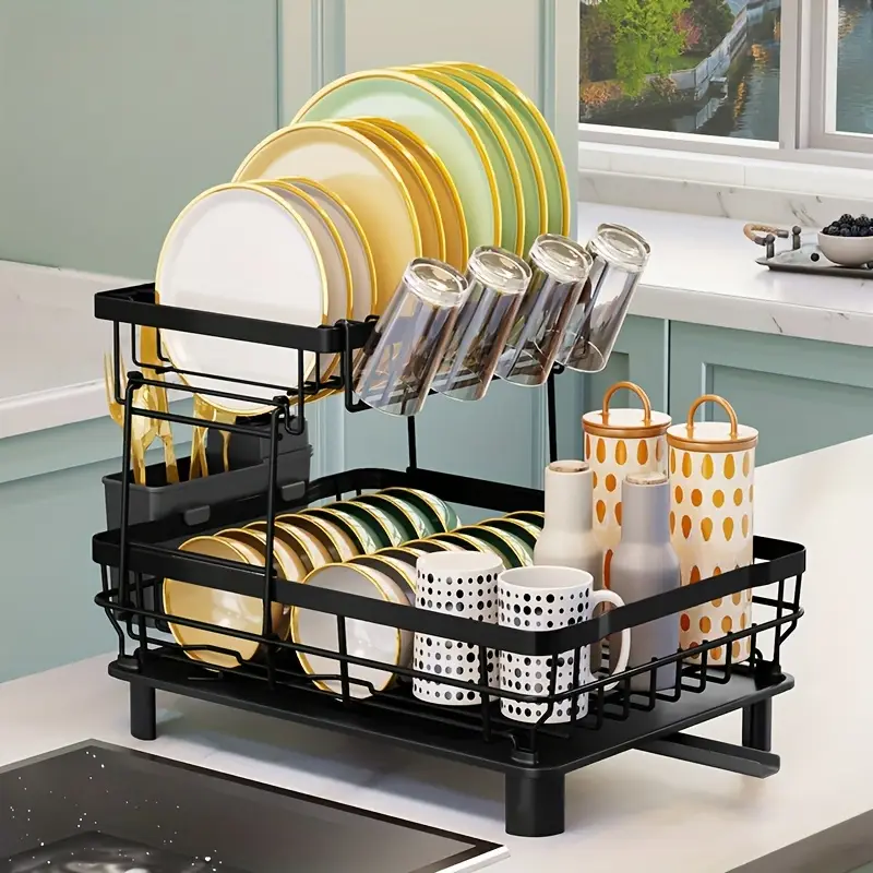 1 2 tier dish drying rack multifunctional dish rack kitchen counter stainless steel dish drainer with utensil holder cup holder dishes knives spoons forks black Product details 2