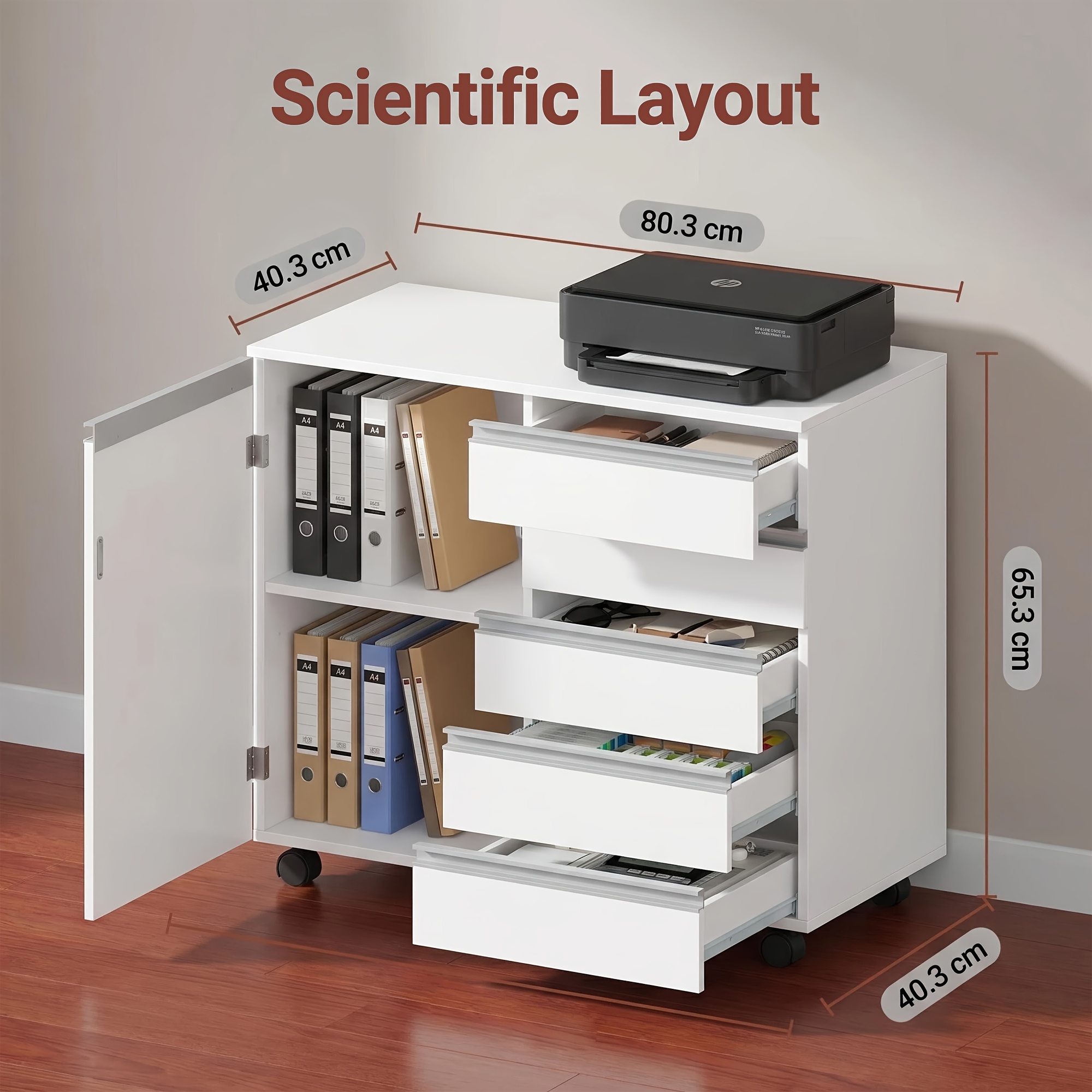 Wheeled Movable Filing Cabinet, To Cluttered Desktops, Dusty Corners, And Rigid Storage. 5 Drawers And Adjustable Shelves, Suitable For Home, Offices, Studies, Bedrooms. White
