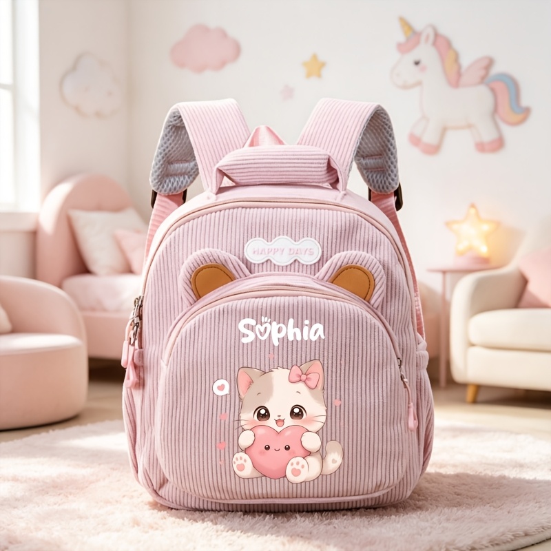 TEMU Sac à dos mini tendance personnalisé pour la rentrée scolaire, nom, ou numéro personnalisables, avec 3 styles de mignons cœur et chaton. en