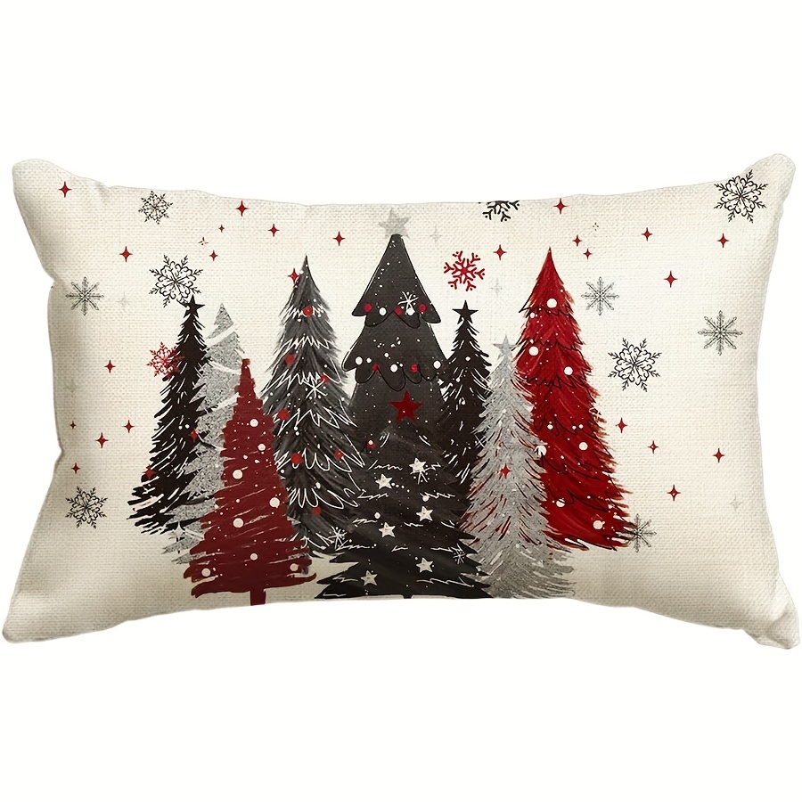 

Country- Throw Pillow Cover, 12x20 Inch, Cushioned Case With Christmas Trees And Snowflakes Design, Machine Washable, Zippered Closure For Room Decor - Jit 1pc