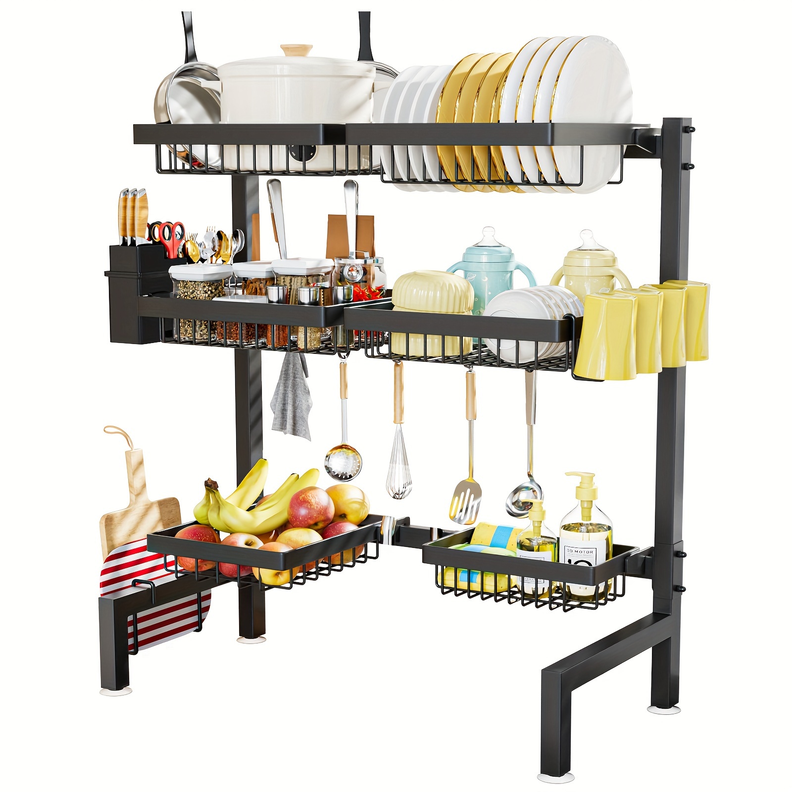 

3 Tier 6 Bucket Dish Drying Rack, 24.8"-35.4", Above Sink Dish Drying Rack, 3 Tier Large Sink Rack For Kitchen, Telescopic Adjustable, In Kitchen