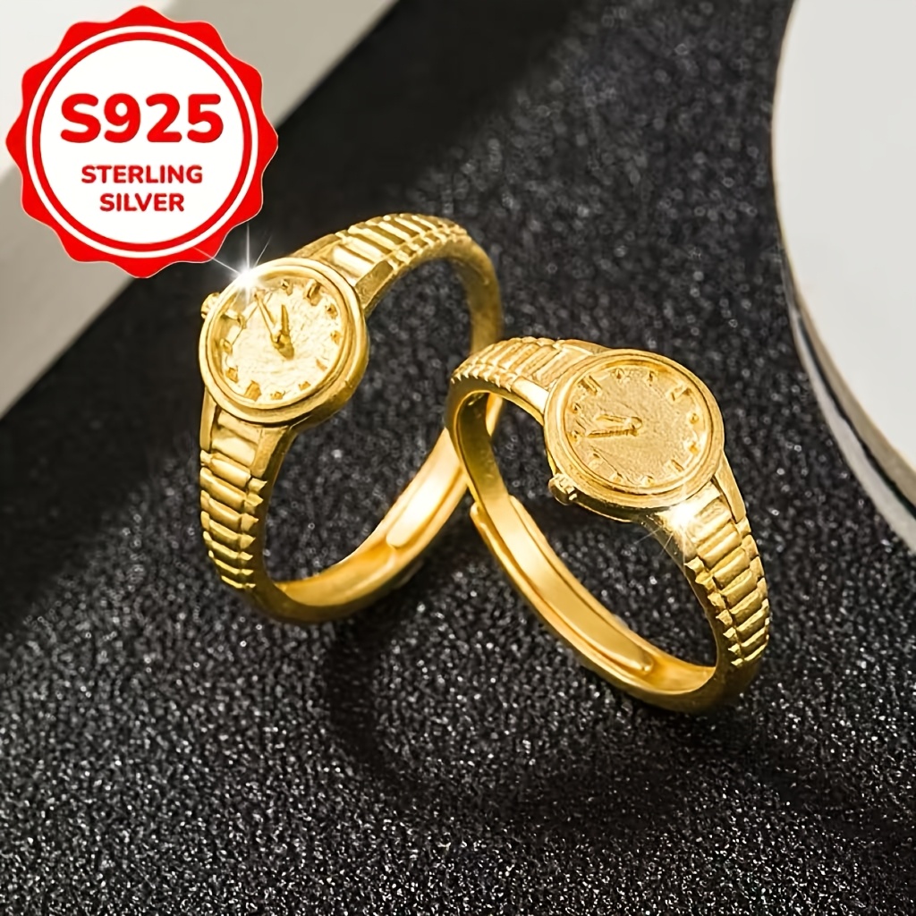 Women's S925 Sterling Silver Golden Clock Hand Band Ring, Unique Gift